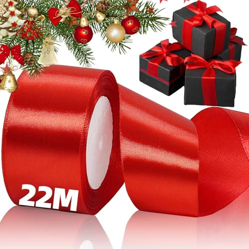 Cinta de Raso Roja, Ancha Cinta de Satén Regalo Navidad 50mm x 22m, Cintas Decorativas Tela de Grogrén Navideña para Manualidades, Envolver Regalos, Coronas, Lazos, Decoración de árboles de Navidad