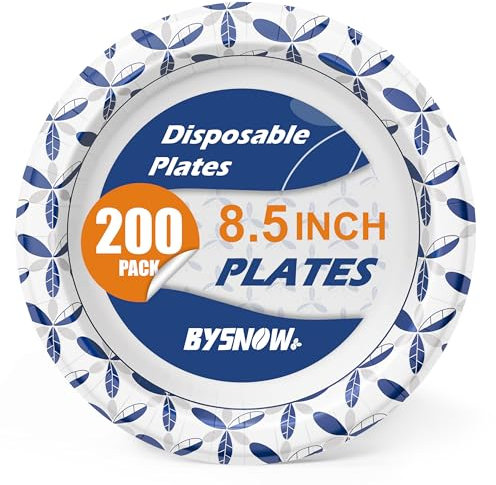 BYSNOW 200 Pack Paper Plates 8.5 inch, Disposable Heavy Duty Bulk Plates, Soak Proof for Dinner, Party, Birthday and Picnic