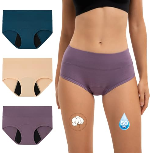 INNERSY Perioden Unterwäsche Starke Blutung High Waist Menstruation Slip Periode Panties 3 Pack(L, Blau/Beige/Lila)
