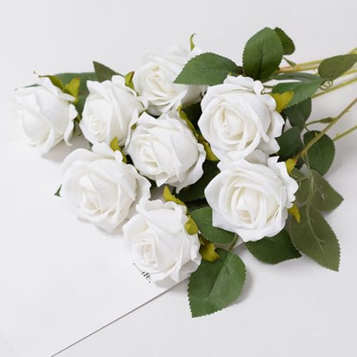 Mrinb Fiori artificiali, rosa floccata bianca finta fiori eterni fiori a stelo singolo regalo rose regali di San Valentino rosa per bouquet di nozze anniversario festa hotel ufficio decorazione