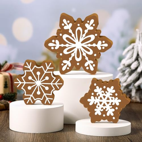 Jetec 3 Pcs Christmas Wooden Snowflakes Decor Xmas Gingerbread Snowflake Table Signs Winter Wood Snowflakes Blocks Standing Tiered Tray Decorations for Indoor Home Mantle Tabletop Shelf New Year