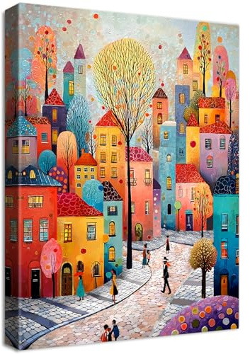 Wooden Framed Canvas Wall Art Colourful Town Painting on Canvas Prints Poster Artwork Fantasy House Trees Pictures for Living Room Bedroom Bathroom Dining Room Hallway Wall Decoration 40x60cm