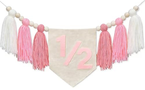 Birthday Boy Half Birthday Decorations High Chair Banner, 6 Month Tassel Wood Bead Highchair Garland Blue (Half Pink B)
