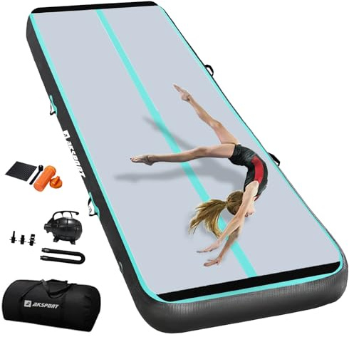 AKSPORT Air Mat Tumble Track Gymnastics Tumbling Mat Inflatable Floor Mats with Air Pump for Home/Tumble/Gym/Training/Cheerleading/Parkour 10/13/16/20/23/26/29/33ft (mint green-black, 500x150x15cm)