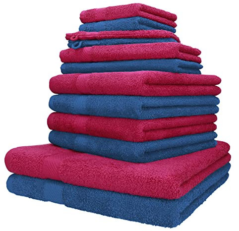 Betz 12-TLG. Handtuch-Set Palermo 100% Baumwolle 2 Liegetücher 4 Handtücher 2 Gästetücher 2 Seiftücher 2 Waschhandschuhe Farbe Cranberry und blau