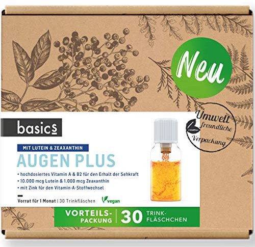 basics Augen Plus mit 10.000 mcg Lutein & 1.000 mcg Zeaxanthin - Hochdosiert - für optimale Augengesundheit mit Vitamin A und Zink - 30 Trinkflaschen - 10ml pro Tagesdosis - Vegan (300 ml (1er Pack))