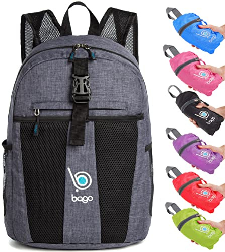 Bago Lightweight Small Hiking Backpack for Women and Men - 25L Travel Day Pack - Foldable Hiking Daypack Ultralight for Camping Outdoor Sports - Day Bag Packable Backpack for Travel (SnowBlack)