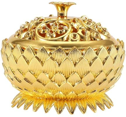 HERCHR Supporto per bruciatore di incenso di Loto, Antico portacandele per incenso con Ciotola in Zinco con Coperchio per Bastone/Cono/Bobina di incenso 7X 5 cm(Oro)