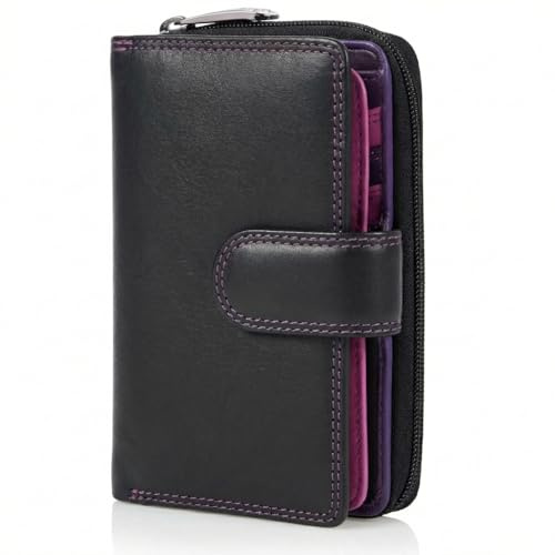VISCONTI Bifold 100% Leder Damen Geldbörse Colorado Combination Leder Mehrfarbig portmonee (CD-22) RFID, Schwarz/Violett, Large