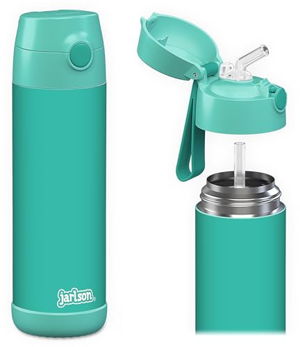Jarlson® Charli Dricksflaska i rostfritt stål med sugrör, termosflaska, TÜV-testad, BPA-fri, läckagesäker, termisk vattenflaska för skola och barnrum, 350 ml (turkos)