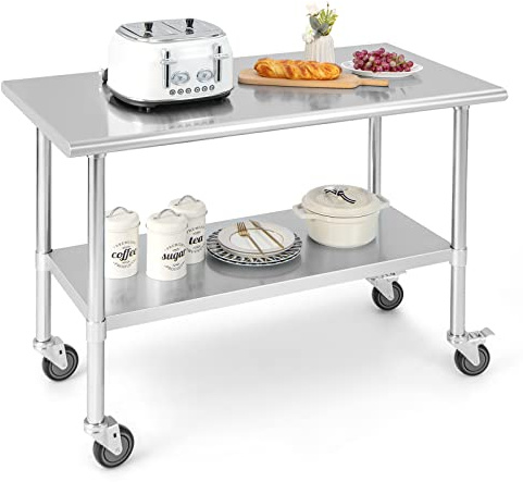 KOMFOTTEU Arbetsbord med hjul för kök, serveringsvagn i rostfritt stål, 2-hylla vagn med 250 kg last, matberedningsbord för restaurang (122 x 61 x 90 cm)