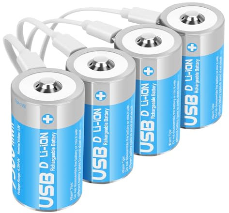 Messule - Baterías recargables de litio D con cable de carga USB-C 4 en 1, paquete de 4 baterías de iones de litio de celda D, LR20 de 1,5 V D, batería de repuesto de 7500 mWh para juguetes de
