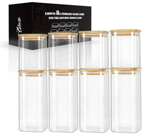 LIBWYS Lot de 8 bocaux de conservation carrés en verre avec couvercle en bambou, 2 tailles : 1000 ml/600 ml