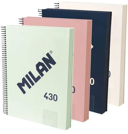MILAN® Pack 4 cuadernos A4 con tapa dura, papel cuadriculado (5 x 5 mm), 120 hojas de 95 gr/m², colección goma MILAN 430