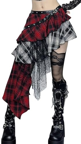 Ausing Gothic Punk Mujer Falda Corta Steampunk Cosplay Fiesta Club Wear Tartán Encaje Falda Plisada