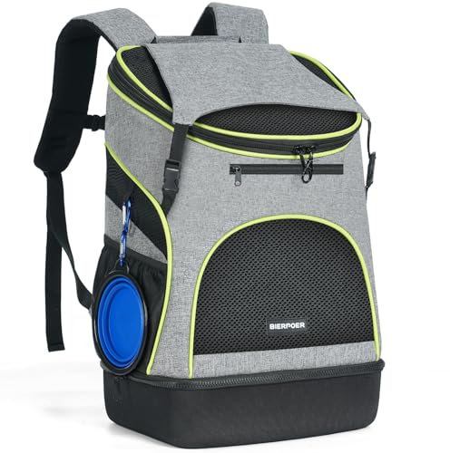 BIERPOER Katzenrucksack Hunderucksack für Katzen und Kleine Hunde 7kg, Haustier Rucksack mit Innerer Sicherheitsleine und Schale, Grau