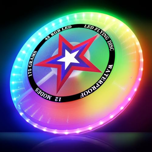 LED Flying Disc w/42 RGB LED Lights, 175g, 12 Light Up Modes, Rechargeable, Waterproof, Super Bright, Lightweight Flying Ring, Outdoor Games Camping Beach Garden Toys Gifts for Boys/Girls/Kids/Adults