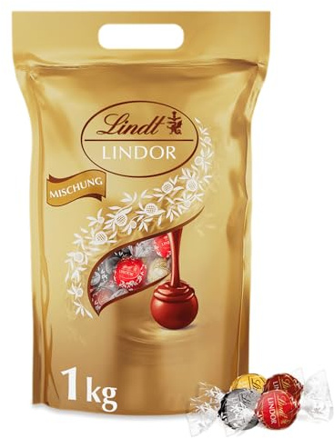 Lindt Schokolade | LINDOR Mischung | 1 kg Beutel | 78 LINDOR Kugeln mit zartschmelzender Füllung in den Sorten Milch, Dark 60%, Weiß, Haselnuss | Pralinen-Geschenk | Schokoladen-Geschenk
