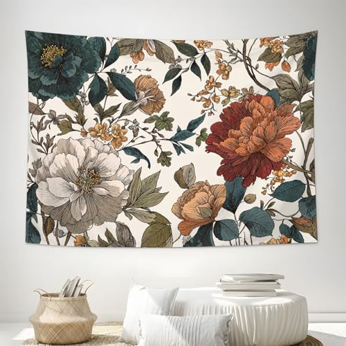 DACRWEKZ Arazzo da Parete Fiori dipinti a mano - Arte Murale foglie di peonia - Ideale come Arazzo Parete, Telo Muro e Telo blu-verde, 130x150cm