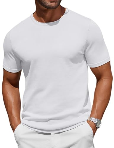 COOFANDY Camiseta Punto Hombre Manga Corta Verano Cuello Redondo Casual Básica Cómoda Blanco M