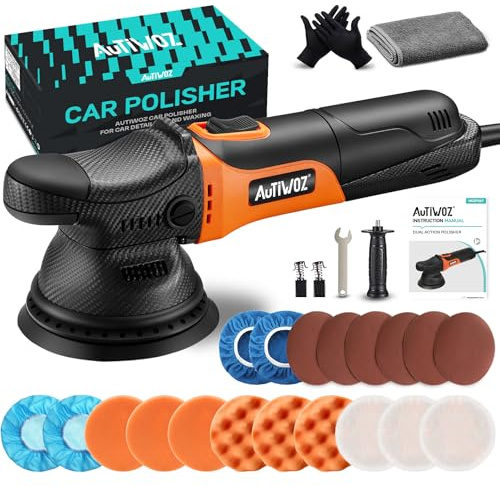 AUTIWOZ Dual Action Car Polisher Buffer Sander DA Polishing Machine 9mm Random Orbital 5inch 125mm Polishing Pad Kit 3-meters Cord Variable 6 Speeds 2000-6200RPM for Car Detailing Polish Buffing Clean