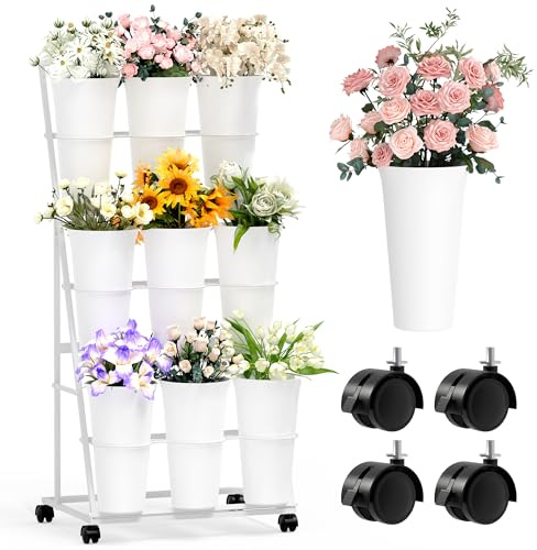 Alyoen Présentoir à fleurs à roulettes avec 9 seaux, présentoir à fleurs métallique à 3 étages, présentoir mobile pour plantes d'intérieur et d'extérieur, mariages, fleuristes, jardin (blanc)