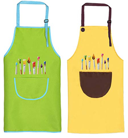Malschürze für Kinder, 2-teiliges Set mit Taschen, Kochschürze für Jungen & Mädchen, Verstellbare Schürze für Kleinkinder, ideal für Basteln, Malen, Backen & Kochen, Grün & Gelb (8-12 Jahre)