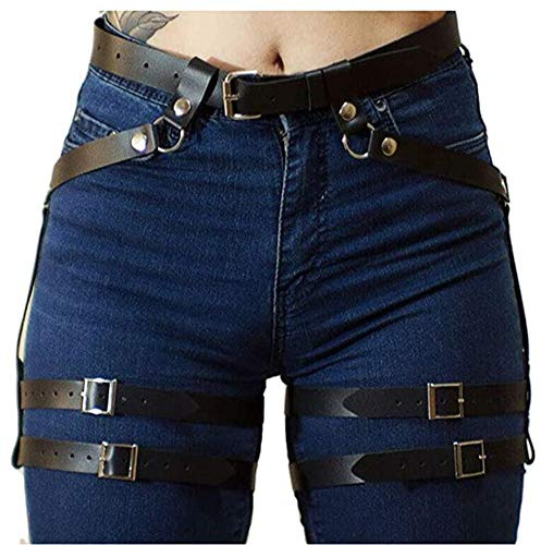 Black Sugar Femme Fille Déguisement Bretelle Ceinture Noir Pu Solide Anneaux Jarretière Harnais Corp Cuisse Jambe Gothique Punk Rock Chaine Acier Lanière Ruban Cuir (Ceinture Harnais Cuisse)