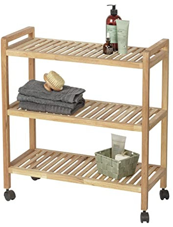 WENKO Haushalts- und Badwagen Norway, hochwertiges Roll-Regal mit 3 Etagen, fahrbares Bad-, Küchen- & Wohnregal mit 3 Ablagen im Scandi-Style, aus massivem Walnussholz geölt, 65 x 72 x 31 cm