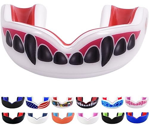 Oral Mart Protector bucal para niños, color blanco y rojo para niños, protector bucal juvenil para karate, bandera de fútbol, artes marciales, taekwondo, boxeo, BJJ, hockey (con funda gratuita)