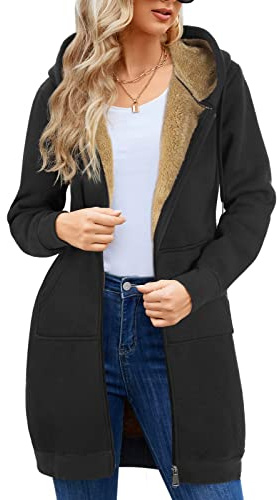 Svanco Veste Longue Femme Sweat Zippé, Gilet Long Polaire avec Capuche, Manteau Sport pour Hiver Automne