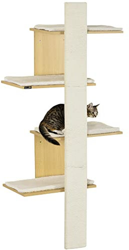 PawHut Cat Tree for Indoor Cats, Four-Layer Wall-Mounted Shelf, Cat Wall Furniture, Kitten Perch Climber Furniture w/Cushions, Scratching Board - Oak Tone