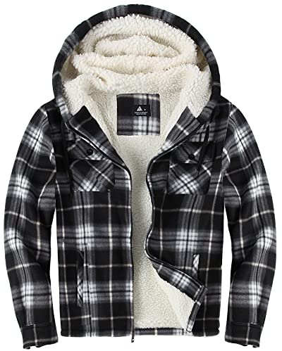 JACKETOWN Men's Fleece Jackets Checked Flannel Shirt Long Sleeve Casual Work Plaid Shirt Full Zip Up Warm Hoodie WinterJacke Outwear Lined Padded Lumberjack Checked Black