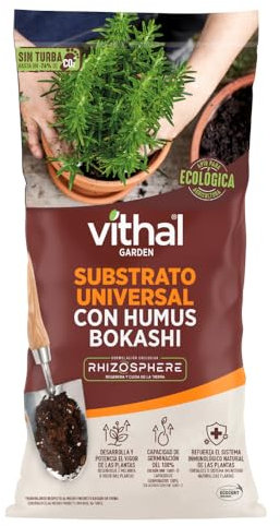 VITHAL Sustrato Universal con Humus Bokashi Sin Turba - Ideal para Plantas de Interior, Exterior y de Huerto, Mejora la Resistencia y Prolonga la Fertilidad por Plantas Más Vigorosas, 20L