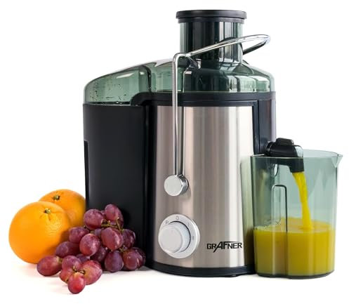 Grafner Express Entsafter für Obst und Gemüse, 400 Watt, 3 Geschwindigkeitsstufen, großer Einfüllschacht 65mm, 450ml Auffangbehälter, vitaminreiche Säfte, Edelstahl elektrische Saftpresse Juicer