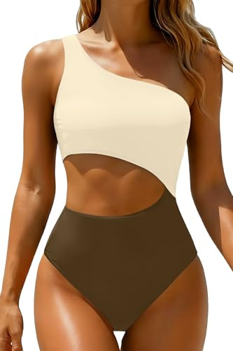 Women's One Piece Swimsuit- One Shoulder Cutout Tummy Control Bathing Suit, Beige Brown, S