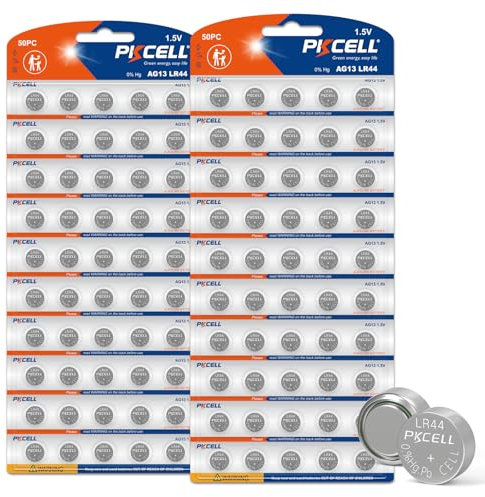 PKCELL LR44 AG13 - Batterie a bottone, alcaline, 1,5 V, 158 mAh, per giocattoli, libri musicali, termometro, luce notturna, 100 pezzi