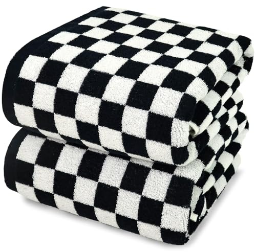 Jacquotha Black and White Checkered Cotton Bath Towels Set of 2