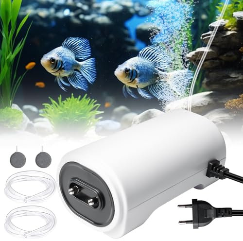 Pompa ad aria per acquario, 8 W, per acquari con tubi d'aria da 3 m e 2 tavolo di sabbia, pompa per ossigeno regolabile fino a 600 litri, pompa a membrana regolabile, accessori per piscine