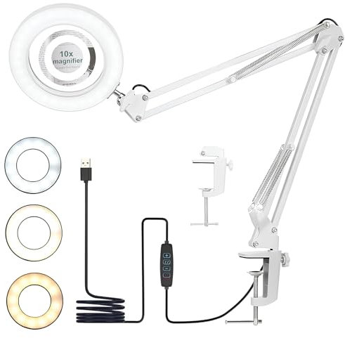 EHIOG Lampada LED da tavolo con lente d'ingrandimento 10X, 72 luci regolabili, 3 modalità colore, 10 livelli di luminosità, morsetto in metallo, braccio flessibile per manicure e lavori di precisione