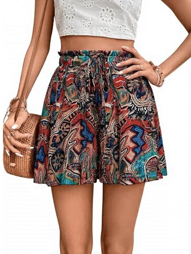 EIRUKON Pantalones Cortos Mujer Verano Elegante Pantalon Corto Moda Boho Pantalón Corto Anchos Shorts Ligero Casual Short Playa de Sueltos Cintura Alta Elástica,Retro,XL