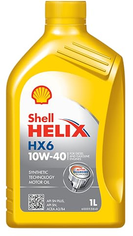 Shell Helix HX6 10W-40 1L | Aceite Semisintético para Motores Gasolina, Diésel y Gas | API SN PLUS ACEA A3/B4 | Protección contra Desgaste y Lodos | Bajo Consumo de Aceite | Tecnología Anti-LSPI