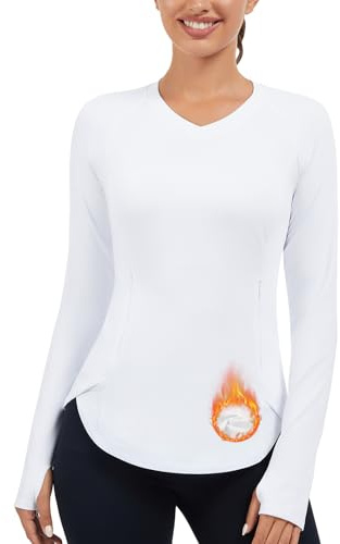 SERSARY Camiseta térmica deportiva para mujer, manga larga, deportiva, térmica, protección UV, forro polar, camiseta funcional, jersey, manga larga, bolsillos, yoga, correr, manga larga, Blanco, M