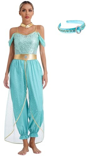 Oyolan Dam förklädnad arabisk prinsessa paljett jumpsuit och krona pannband karneval halloween kostym orientalisk dans trikådräkt