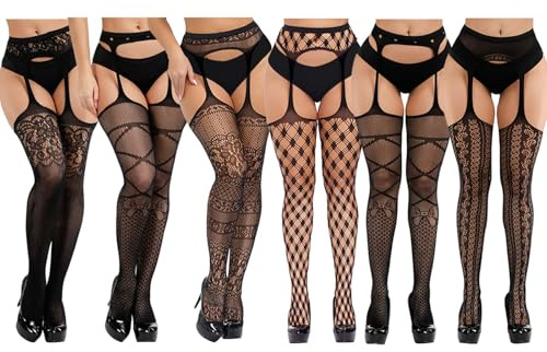 DRESHOW Medias de red para mujer Medias con tirantes Medias altas hasta el muslo