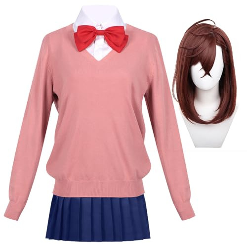 Zhongkaihua Momo Ayase - Disfraz de anime japonés JK para cosplay, conjunto escolar que incluye suéter de punto rosa, camisa blanca y falda plisada azul, trajes de Halloween para mujer
