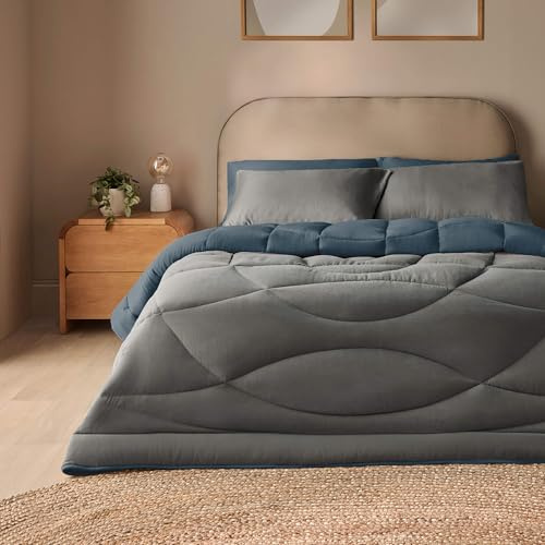 Silentnight Coverless Luxury Washed Duvet & Pillowcase Set - Soft 10.5 Tog Two Reversible Colours Bed Quilt - All Year Round Comfort No Cover Needed - Machine Washable, Blue & Charcoal, Super King