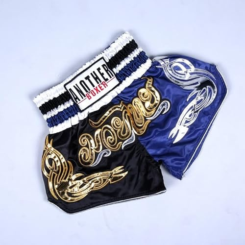 Jotekonoby Anotherboxer Short de Muay Thai pour MMA Fight Gear Kickboxing Respirant Imprimé Arts Martiaux Pantalon avec Taille Élastique pour Hommes et Femmes (noir + Bleu M)