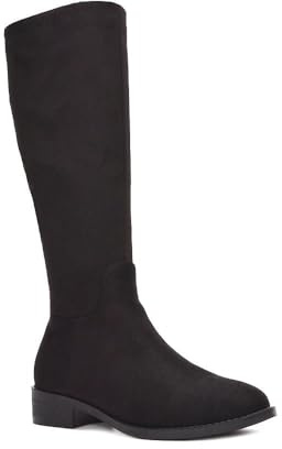 ESSEX GLAM Women's Knee High Boots Ladies Biker Riding Classic Flat Low Heel Black Faux Suede Long Shoes Size 5