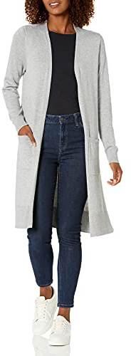 Amazon Essentials Longer Length Cardigan, Cardigan Donna, Grigio (Light Grey Heather Lgh), Large